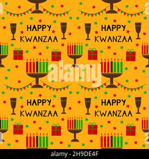 Niedliches Kwanzaa-Nahtloses Muster mit sieben Kinara-Kerzen und Sternen in traditionellen afrikanischen Farben - schwarz, rot, grün. Vector Kwanzaa Urlaub Hintergrund Stock Vektor