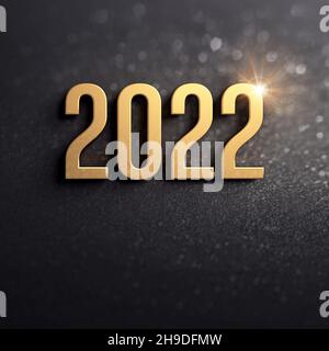 Neujahr Grußkarte 2022. Datumsnummer in Gold auf glitzerndem schwarzem Hintergrund Stockfoto