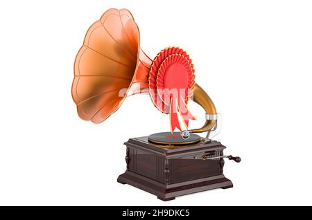 Retro-Grammophon mit bester Wahl Abzeichen, 3D Rendering isoliert auf weißem Hintergrund Stockfoto