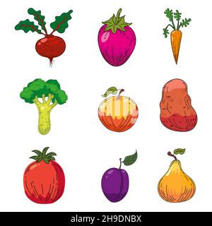 Set mit Illustrationen zu Obst und Gemüse. Handzeichnung bunte Kritzeleien Symbol, Bio-Bauernhof Produkt. Vektor Skizze Illustration vintage, retro Stock Vektor