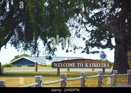 Willkommen bei der Kaikoura-Schilder-Platine, die am 9. Dezember 2012 in Kaikoura, Neuseeland, aufgenommen wurde Stockfoto