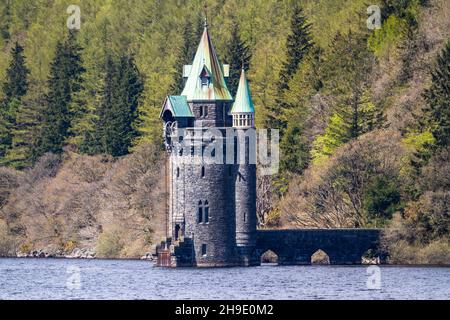 Der Straining Tower am See Llyn Vyrnwy Stausee, Oswestry, Powys North Wales, Landschaft, Teleaufnahme Stockfoto