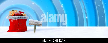 Weihnachtsbanner mit Kapuze voller Geschenkpakete und fallendem Schnee - 3D Rendering Stockfoto