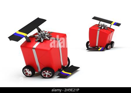 Weihnachtsgeschenke mit Rennrädern und Flosse - 3D Rendering Stockfoto