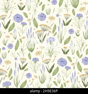 Nahtloses Muster mit Wildblumen. Kornblumen und blühende Kräuter Stock Vektor