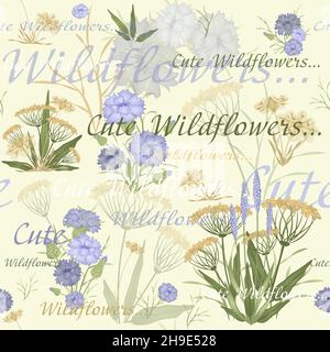 Ein nahtloses Muster aus Wildblumen und Schriftzügen. Pastellfarben Stock Vektor