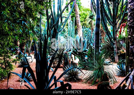 Abbildung. Herrlicher tropischer Garten mit verschiedenen Palmenarten und Kakteen Le Jardin Majorelle. Marrakesch, Marokko Stockfoto