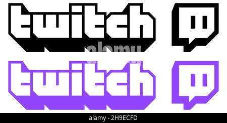 Vinnytsia, Ukraine - 6. Dezember 2021: Twitch-Vektor-Logo. Markensymbol in schwarz und lila Farben. Redaktionelle Vektordarstellung isoliert auf weißem Rücken Stock Vektor