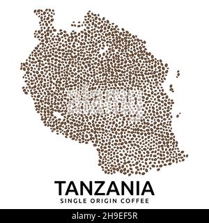 Form der Tansania-Karte aus verstreuten Kaffeebohnen, Ländername unten Stock Vektor