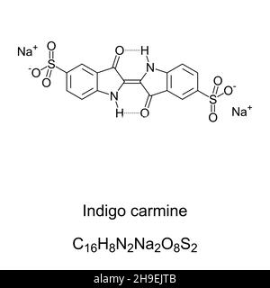 Indigo-Karmin, chemische Formel und Struktur. Organisches Salz, das durch aromatische Sulfonation aus Indigo gewonnen wird und die Verbindung in Wasser löslich macht. Stockfoto