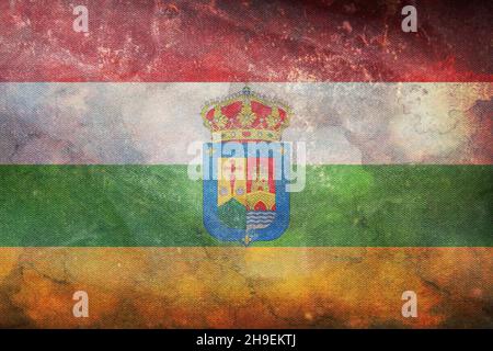 Draufsicht auf die Retro-Flagge Rja mit Wappen, Spanien mit Grunge-Struktur. Spanische Reise und patriotische Konzept. Kein Fahnenmast. Layout der Ebenenkonstruktion. Alarmmeldung Stockfoto