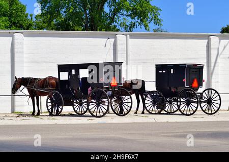 Lagrange, Indiana, USA. Pferdekutschen oder Buggys, die an einen Anhalter gebunden sind, erwarten ihren Besitzer vor einem Geschäft. Stockfoto