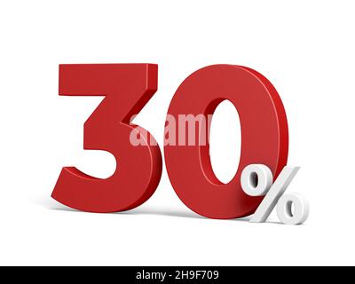 30 % isoliert auf weißem Hintergrund. Rabatt. 30 % Rabatt. 3D Abbildung. Stockfoto