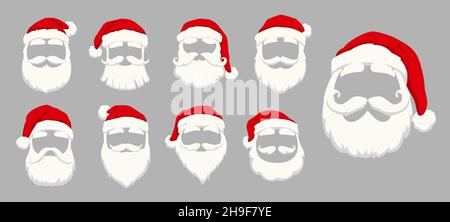 Weihnachtsmann Masken von Cartoon-Hut, Schnurrbart und Bart für Fotokabine, Vektor-Gesichter. Weihnachten Urlaub isoliert Gesichtsmasken von Santa für lustige Selfie ef Stock Vektor