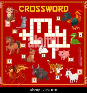 Chinesische Horoskop Cartoon Tiere, Kreuzworträtsel Arbeitsblatt, Vektor finden ein Wort Quiz Spiel. Kinder Kreuzworträtsel Spiel mit chinesischen Mondhoroskop oder Stock Vektor