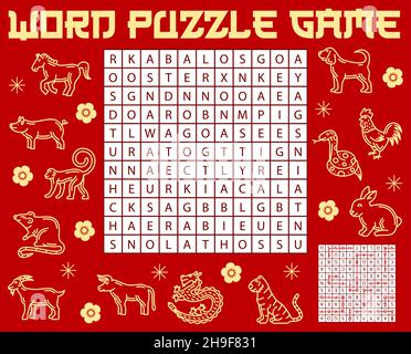 Chinesisches Horoskop Tiere, Wortsuche Puzzle Spiel Vektor Arbeitsblatt, Kinder Quiz. Finden Sie ein Wort Quiz Spiel oder Rätsel für chinesische Mondhoroskop Symbole oder Stock Vektor