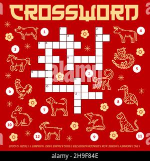 Chinesische Horoskop Tiere, Kreuzworträtsel oder Worträtsel, Vektor-Puzzle-Spiel. Finden Sie ein Wort-Quiz-Spiel oder Kreuzworträtsel zu erraten chinesischen lunaren hor Stock Vektor