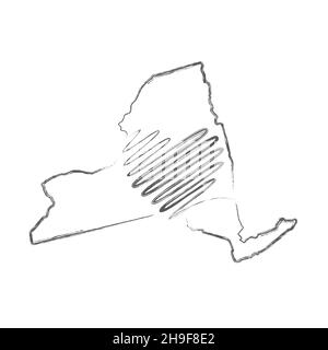 Von Hand gezeichnete Skizze des US-Bundesstaates New York mit Bleistift und Herzform. Kontinuierliche Linienzeichnung des patriotischen Heimatzeichens. Eine Liebe für eine kleine Heimat. Stock Vektor