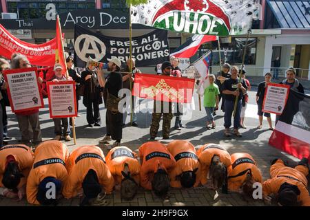 Demonstranten, darunter Maori-Aktivisten und Naturschutzgruppen, demonstrieren über die jüngsten Anti-Terror-Razzien der Polizei vor der Konferenz der Labour Party, die am Samstag, dem 3. November 2007, im Bruce Mason Center, Takapuna, Auckland, Neuseeland, abgehalten wurde Stockfoto