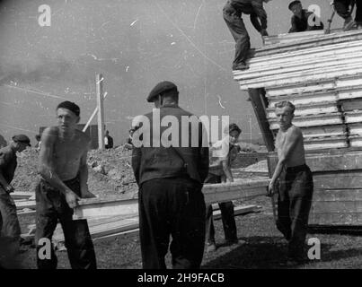 Gdañsk, 1948. Budowa siedla tzw. domków fiñskich we Wrzeszczu. wb PAP Dok³adny miesi¹c i dzieñ wydarzenia nieustalone. Danzig, 1948. Bau eines Fertighauses im Bezirk Wrzeszcz. wb PAP Stockfoto