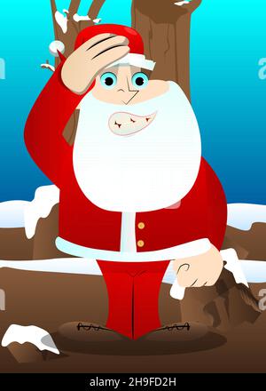 Der Weihnachtsmann in seinen roten Kleidern mit weißem Bart, der die Hand auf den Kopf legt. Vektor Cartoon Figur Illustration. Stock Vektor