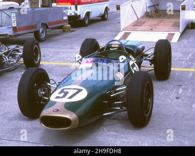 #57 1962 F1 Brabham BT4 in Whenuapai, NZ, 22. Februar 1987, vermutlich vor der Restaurierung. Es wurden nur 4 BT4 gebaut und es wird angenommen, dass dieses nach Großbritannien zurückgebracht wurde. Stockfoto