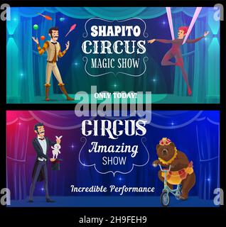 Shapito Zirkus Cartoon Jongleur, Magier, akrobaten und Bär Vektor Banner. Vergnügungspark oder Jahrmarkt Karneval zeigen Performer Charaktere auf der Bühne, Falle Stock Vektor