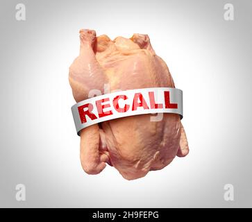 Chicken Recall Konzept als Symbol für kontaminiertes Geflügel mit Salmonellen oder Listerien lebensmittelbedingten Erkrankungen Ausbruch einer möglichen Lebensmittelvergiftung. Stockfoto