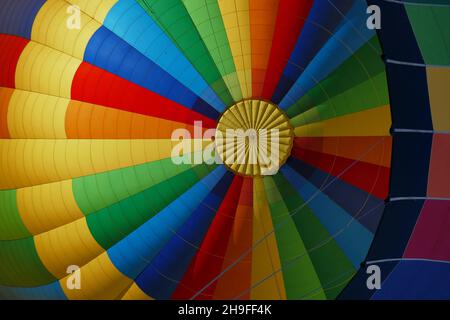 Symmetrisches Muster aus buntem Heißluftballon von unten betrachtet Stockfoto
