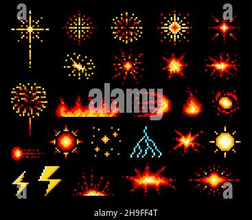 8 Bit Pixel Feuer Flammen, Explosion Feuerbälle und Burst mit Blasten oder Blitz und Feuer Blitz Vektor-Symbole. 8bit Pixel Art Game Asset und GUI-Element Stock Vektor