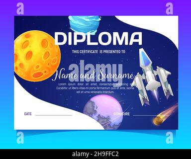 Kinder Diplom mit Cartoon-Raumschiff, Astroid und Weltraumplaneten. Vektor-Bildungszertifikat, Kindergarten Wertschätzung oder Schuldiplom mit Fantasie Stock Vektor