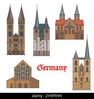 Deutschland Architektur Gebäude, Kathedralen und Kirchen von Quedlinburg, Vektor. Deutsche Sehenswürdigkeiten Sankt Benedikt, Stephanus und Martin Kathedrale Stock Vektor