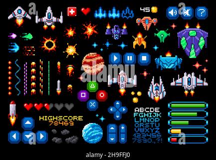 8bit Pixel Kunst Spiel Asset von Weltraumplaneten, Raketen und starcraft, Vektor-Schriftart und pixelige Spiel-Tasten. 8-Bit-Pixel-Navigationstasten für Spiele, Power Stock Vektor
