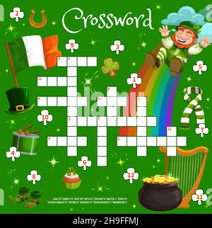 Saint Patrick Day Kreuzworträtsel Puzzle Spiel Quiz Arbeitsblatt. Cartoon-Vektor Kobold und irische Symbole Kreuzworträster mit grünen Kleeblättern, Hufeisen Stock Vektor