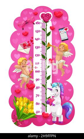 Cupids und Liebe Herzen Höhe Diagramm Vektor-Design der romantischen Kinder Wachstum Maß Meter. Engel der Liebe, rote Rosenblüten, Einhorn, Amurs und florale b Stock Vektor