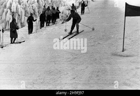 Karpacz, 1948-02-19. W dniach od 18 do 22 lutego odbywa³y siê Mistrzostwa Narciarskie Polski. NZ. bieg zjazdowy rozgrywany na stokach Ma³ej kopy pod Œnie¿k¹. msa PAP Karpacz, 19. Februar 1948. Die polnische Ski-Meisterschaft wurde vom 18. Bis 22. Februar abgehalten. Im Bild: Ein Downhillrennen auf Mala Kopa am Fuße des Sniezka. msa PAP Stockfoto