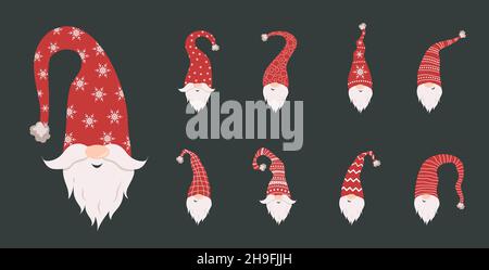Niedliche Zwerge Gesichter in santa Hüte auf schwarzem Hintergrund. Skandinavische weihnachtselfen. Vektor-Illustration im flachen Cartoon-Stil. Nordisches Element-Design Stock Vektor
