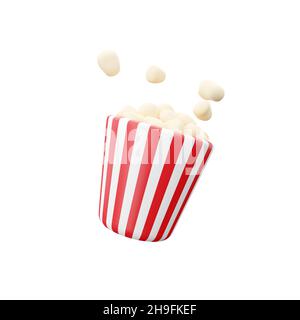 3D Darstellung rendern. Rot-weißer Eimer mit Popcorn auf isoliertem weißem Hintergrund. Entertainment-Box. Candy-Konzept. Snack im Kino. 3D Stockfoto
