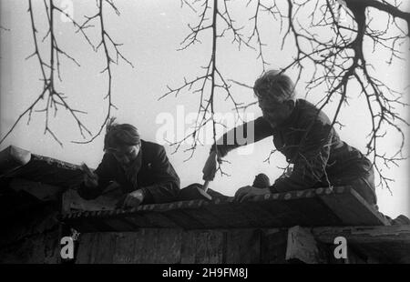 Warszawa, 1948-03. Dom dla ch³opców – sierot wojennych przy ul. Pu³awskiej 97, prowadzony przy pomocy materialnej z Miêdzynarodowego Funduszu Pomocy Dzieciom i M³odzie¿y przy ONZ. NZ. Naprawa dachu cieplarni za³o¿onej przez ch³opców. uu PAP Dok³adny dzieñ wydarzenia nieustalony. Warschau, März 1948. Das Heim für Jungen - Kriegswaisen in der Pulawska-Straße 97, wird mit finanzieller Unterstützung des Internationalen Kinder- und Jugendhilfefonds der Vereinten Nationen geführt. Im Bild: Jungs reparieren das Dach eines selbst gebauten Gewächshauses. uu PAP Stockfoto