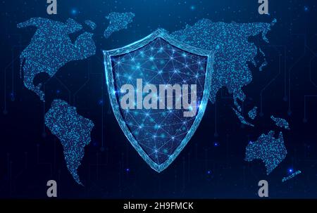 Polygonales Schild mit Globenkarte im Drahtformat. Cyber-Sicherheit, Weltschutz-Konzept mit glühendem Low-Poly-Schutz. Futuristischer, moderner abstrakter Hintergrund Stock Vektor