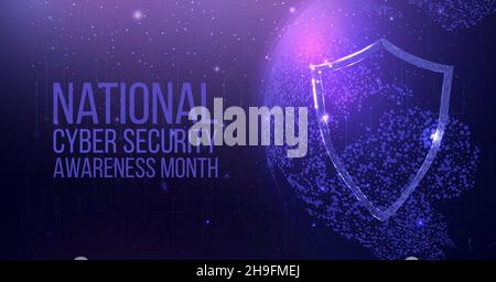 National Cyber Security Awareness Month. Polygonales Schild mit Globenkarte im Drahtformat. Cyber-Sicherheit, Weltschutz-Konzept mit glühenden low Poly gua Stock Vektor