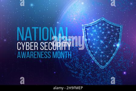 National Cyber Security Awareness Month. Polygonales Schild mit Globenkarte im Drahtformat. Cyber-Sicherheit, Weltschutz-Konzept mit glühenden low Poly gua Stock Vektor