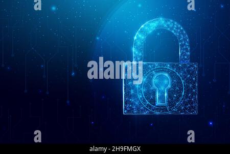 Vorhängeschloss Drahtgestell polygonal. Internet-Technologie-Netzwerk, Geschäftsidee Konzept mit glühenden niedrigen Poly-Lock. Futuristisch, modern, abstrakt. Isoliert auf da Stock Vektor