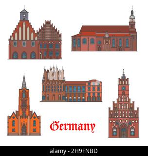 Deutschland Architektur Gebäude, Kathedralen und Kirchen von Frankfurt oder, Vektor. Deutsche Wahrzeichen Sankt Gertraud Kirche, Branderbrug Rathaus, Zinna Stock Vektor