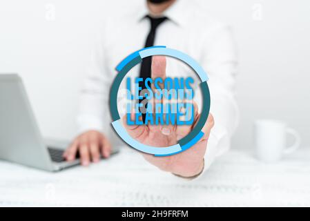 Konzeptionelle Bildunterschrift Lessons Learned. Business Approach Erfahrungen destilliertes Projekt, das aktiv genommen Remote Office Work Online präsentieren sollte Stockfoto