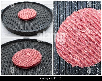 Collage Essen von frischem rohem Rindfleisch Burger auf dem Grill Stockfoto