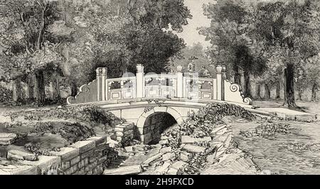 Chinesische Brücken. Marmorbrücke, die zum Hwang-ssu Tempel in der Nähe von Peking, China, führt. Asien. Alte, gravierte Illustration aus dem 19. Jahrhundert von La Nature 1897 Stockfoto