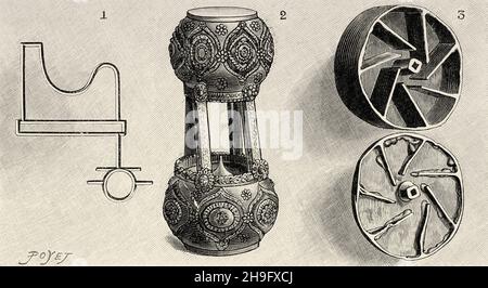 Stunde durch die Clepsydra. 1 ägyptische Clepsydra. 2 Clepsydra im Sandstein im Museum von cluny. 3 Abschnitt einer Messingklepsydra aus dem 17. Jahrhundert. Alte, gravierte Illustration aus dem 19. Jahrhundert von La Nature 1897 Stockfoto