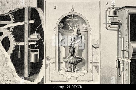 1 Clepsydra von Salomon de Caus. 2 Clepsydre von Jacques Besson. 3 Clepsydra mit Wecker. Alte, gravierte Illustration aus dem 19. Jahrhundert von La Nature 1897 Stockfoto