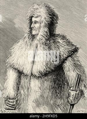 Die Überwinterung von Nansen und Fridtjof Nansen (1861-1930) im Land von Franz Joseph I. Fredrik Hjalmar Johansen (1867-1913) Norwegischer Polarforscher in seinem wolfskin-Gewand. Alte, gravierte Illustration aus dem 19. Jahrhundert von La Nature 1897 Stockfoto